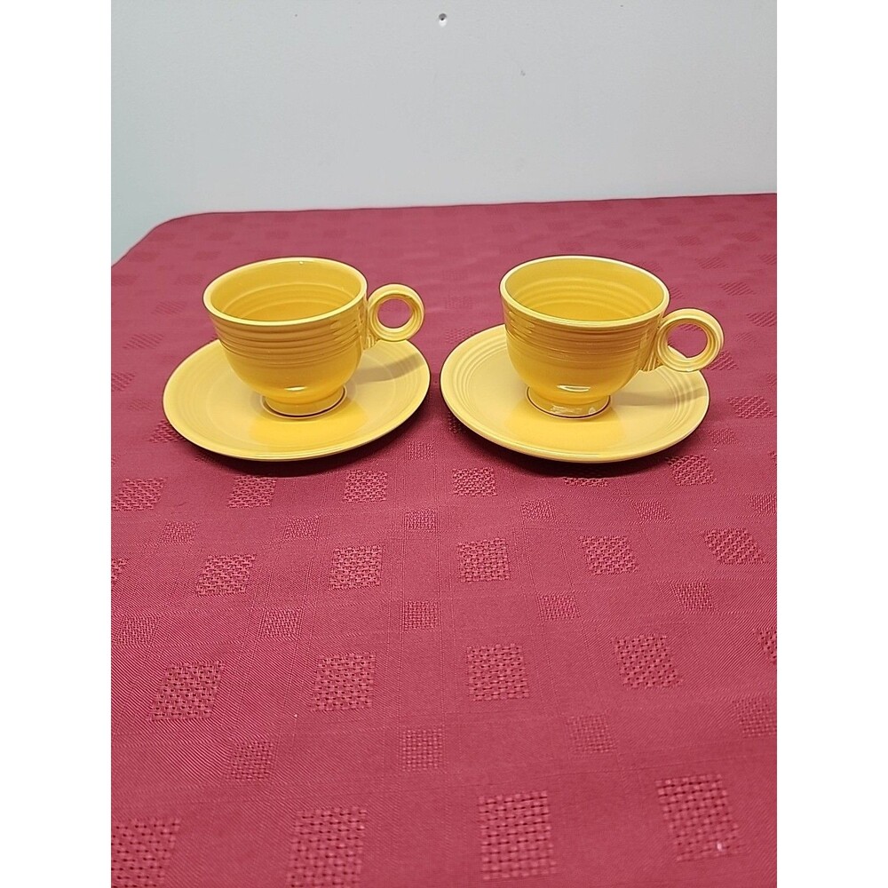 Vintage Fiesta 2 Original Yellow Ring Handled Footed Cup And Saucer Set